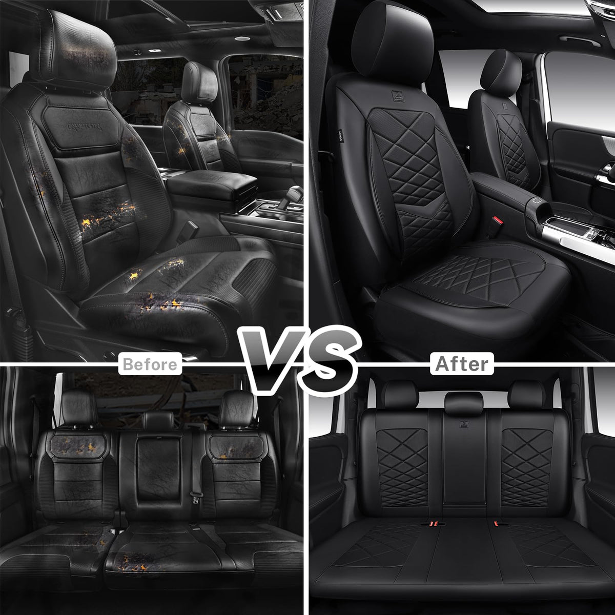Water Resistant Faux Leather Seat Covers Full Set with Lumbar Support Solid Black O708