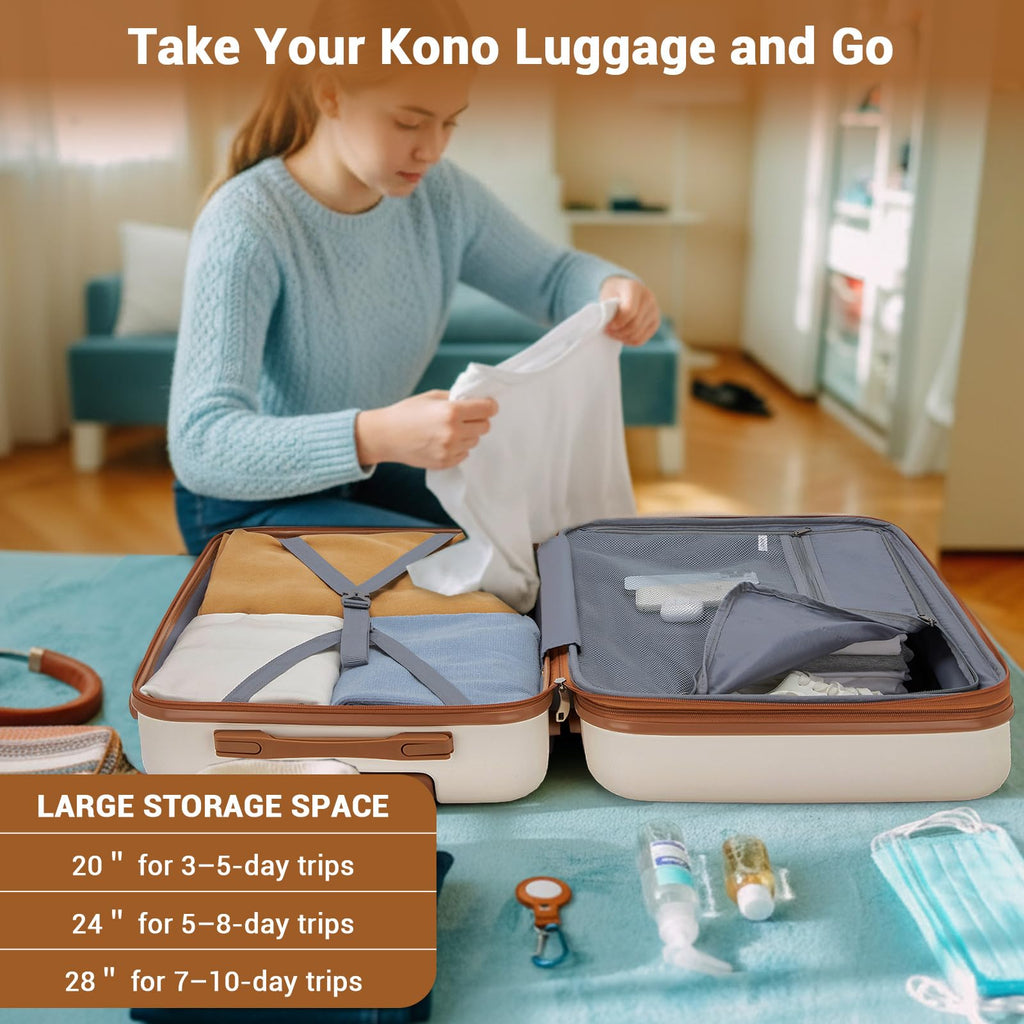 Expandable Carry On Luggage with Spinner Wheels, 20 Inch Hardshell Suitcase with Lock, White/Brown M14299