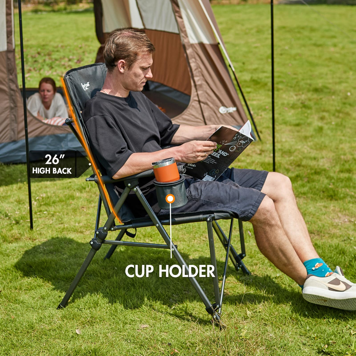 Oversized Folding Camping Chair with Cup Holder Black H5825