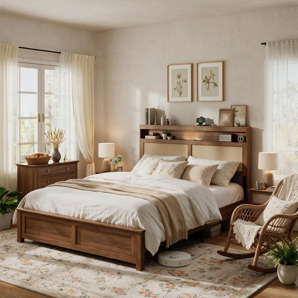 Brown Queen Wood Bed Frame with Storage Headboard K292
