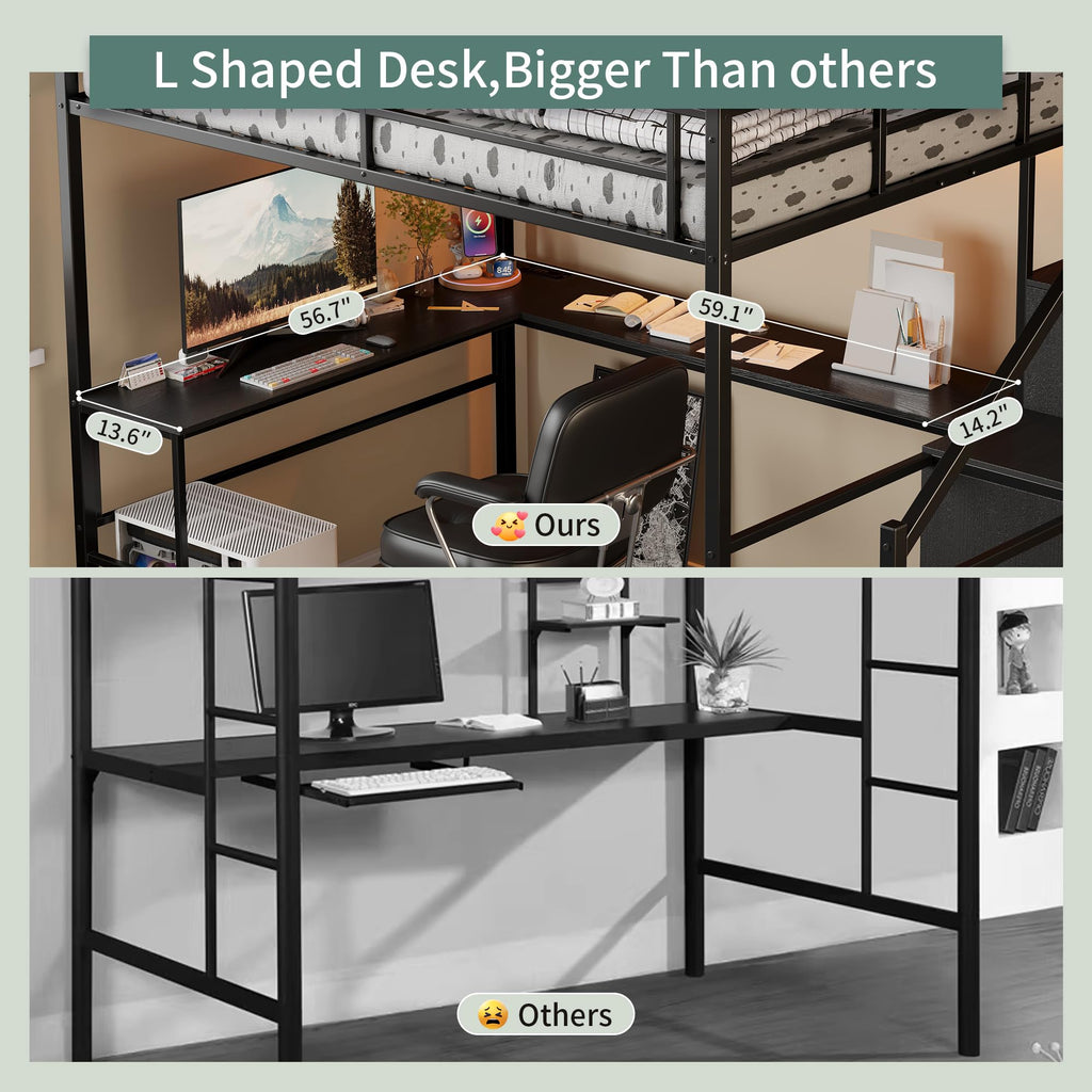 Full Size Metal Loft Bed with Desk & Storage Staircase D660102