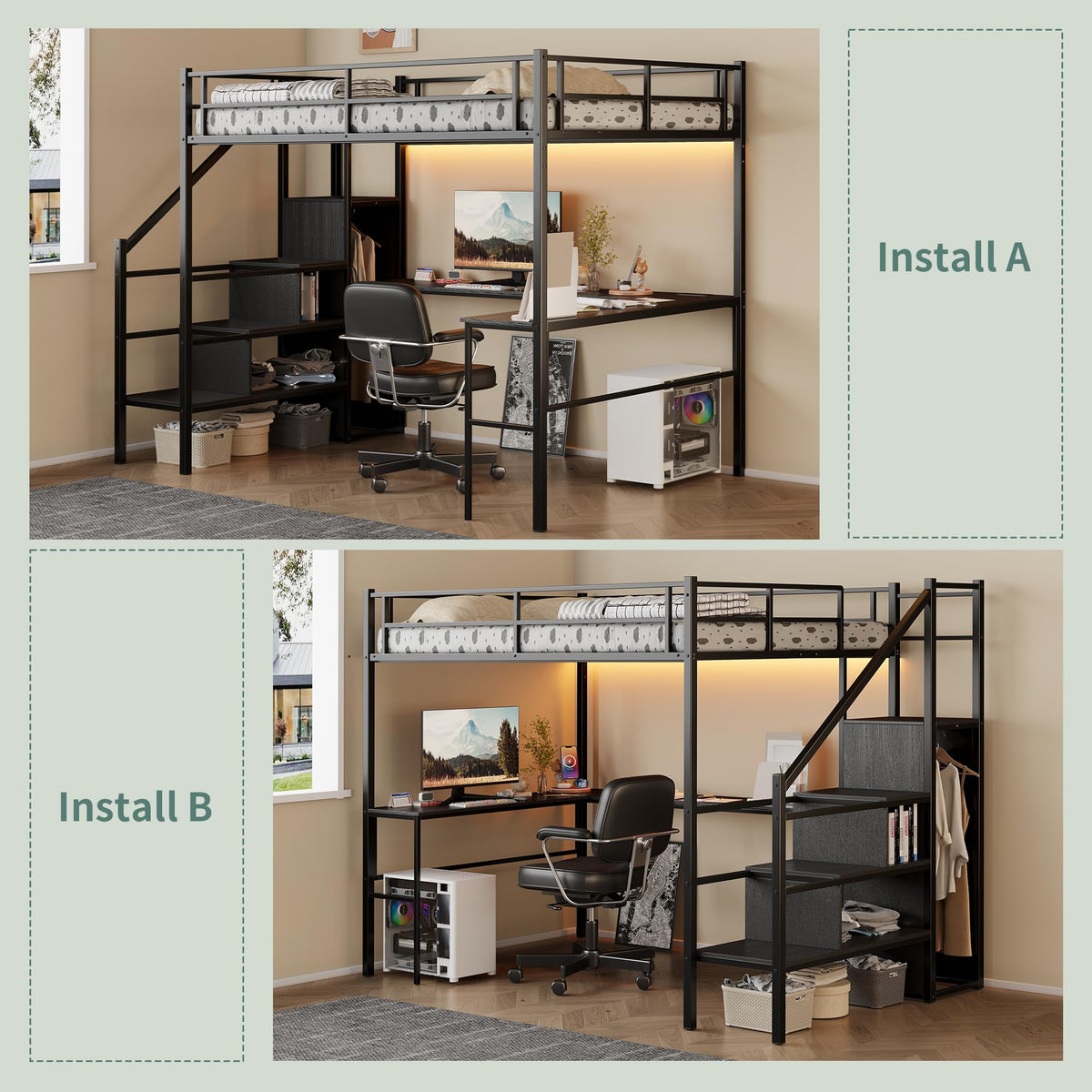 Full Size Metal Loft Bed with Desk & Storage Staircase D660102