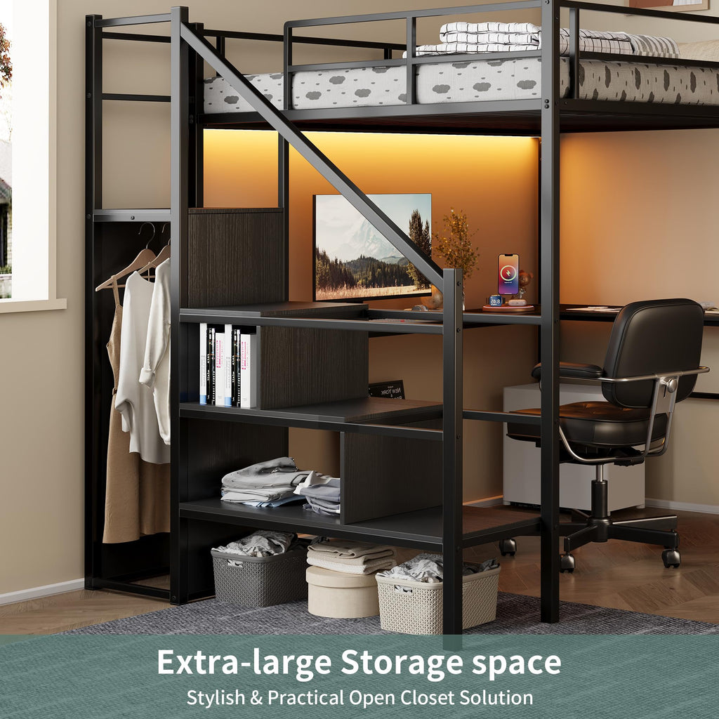 Full Size Metal Loft Bed with Desk & Storage Staircase D660102