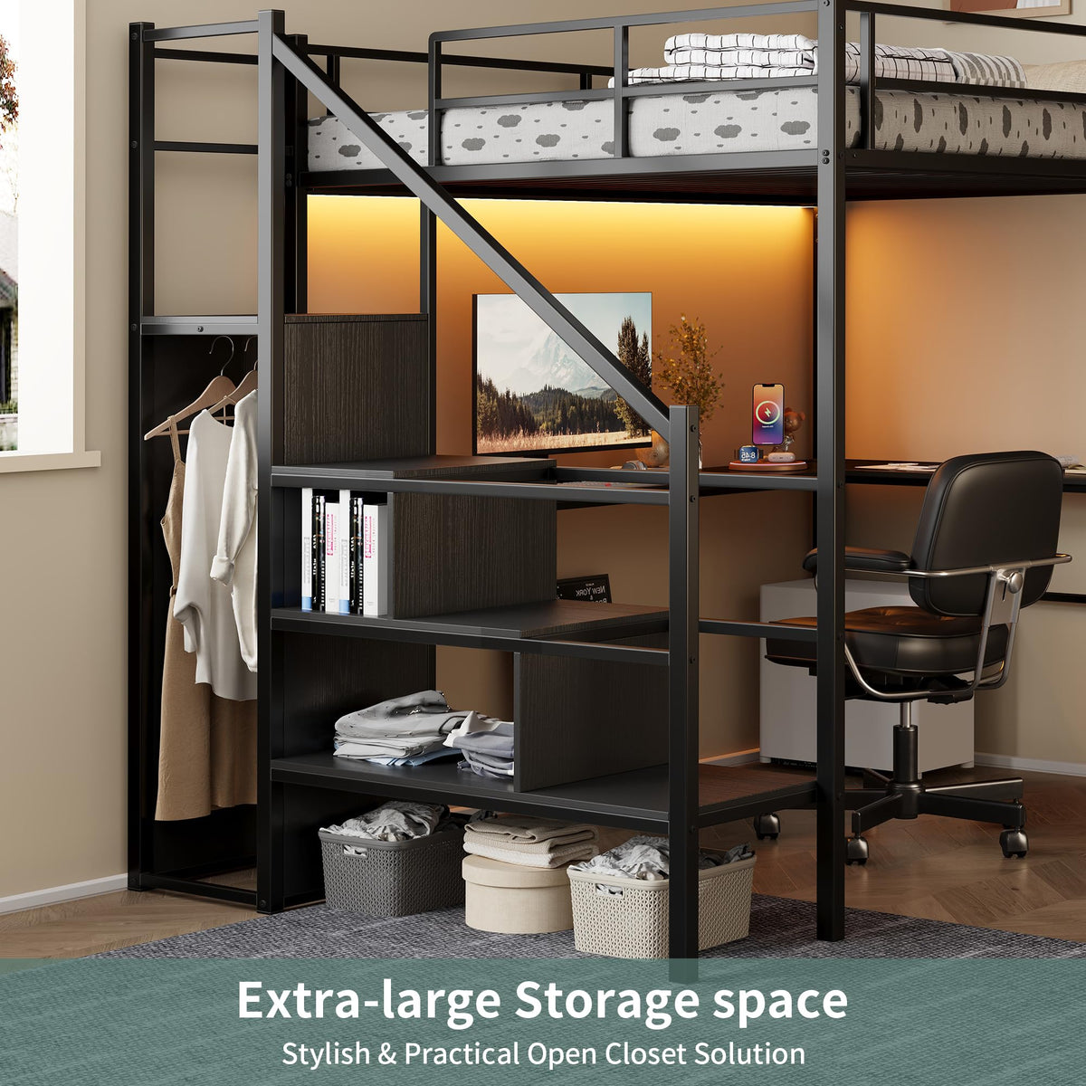 Full Size Metal Loft Bed with Desk & Storage Staircase D660102