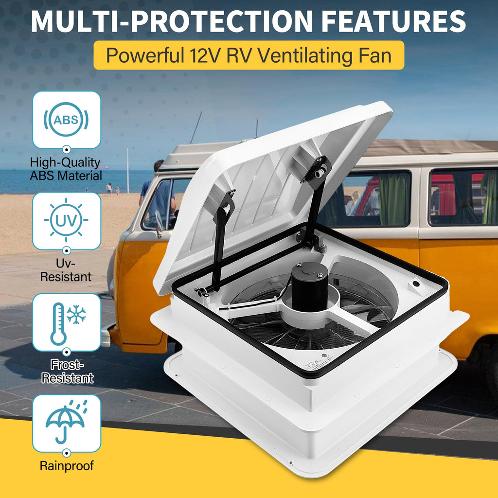 14” RV Roof Vent Fan 4 Speed Reversible 12V Manual White Dome F5842
