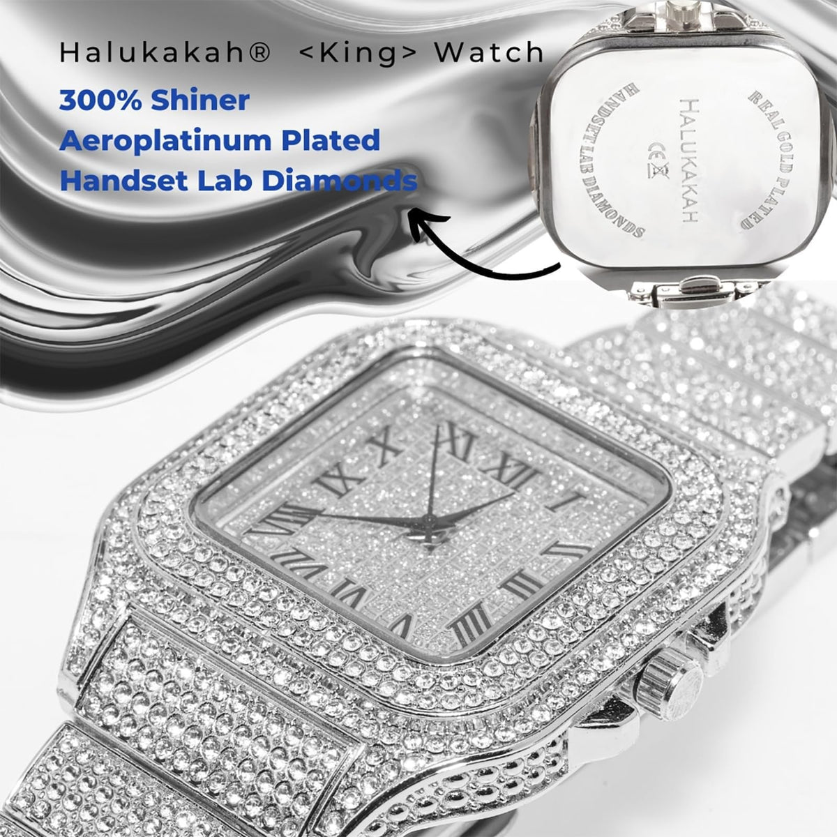 Men's Watch 18K Gold Platinum Plated 40MM Square Dial Diamond Wristband M342686