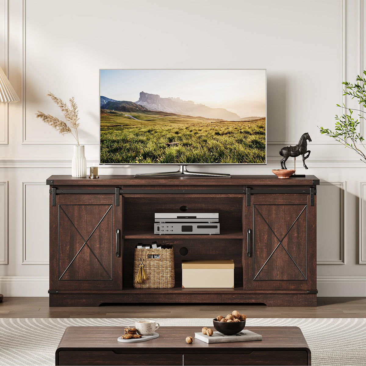 Farmhouse TV Stand with Sliding Barn Doors J793550