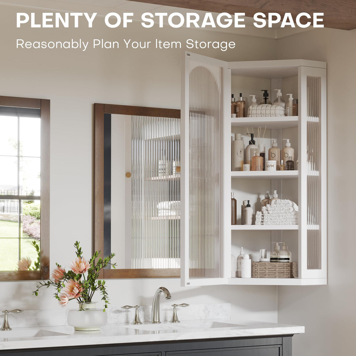 White Metal Corner Wall Cabinet with Glass Doors and Shelves Q68973