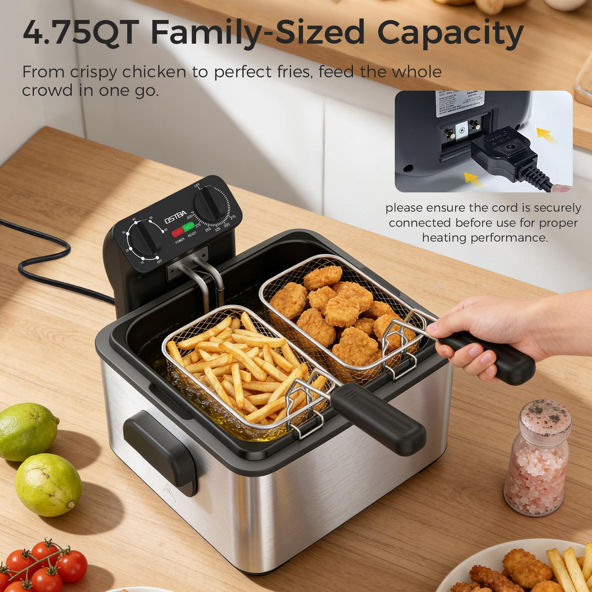 Electric Deep Fryer with 3 Baskets, 4.75QT Stainless Steel U69801