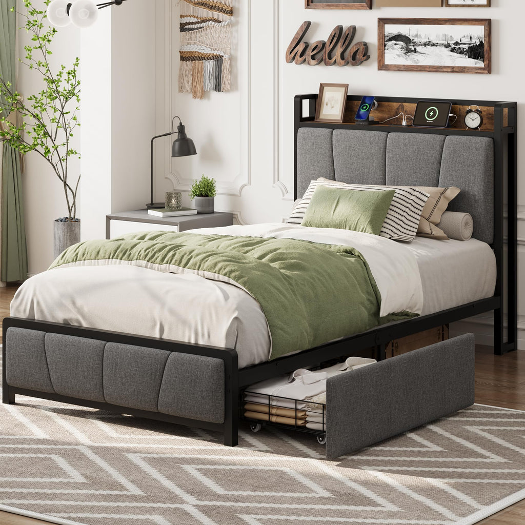 Gray Twin Size Bed Frame with 2 Drawers D65520