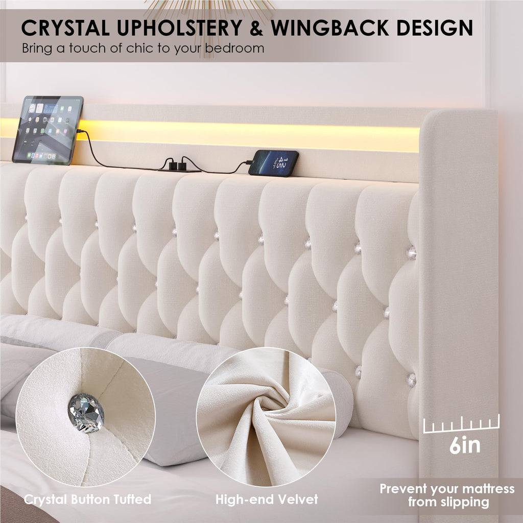 Beige Upholstered Full LED Bed Frame with Storage N979