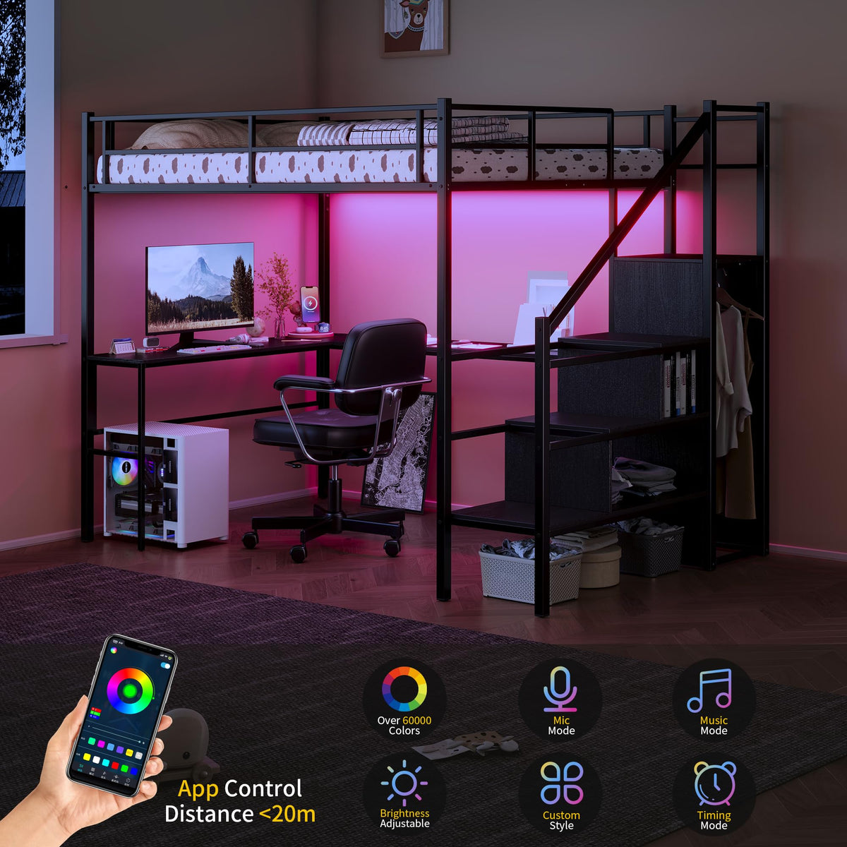 Full Size Metal Loft Bed with Desk & Storage Staircase D660102