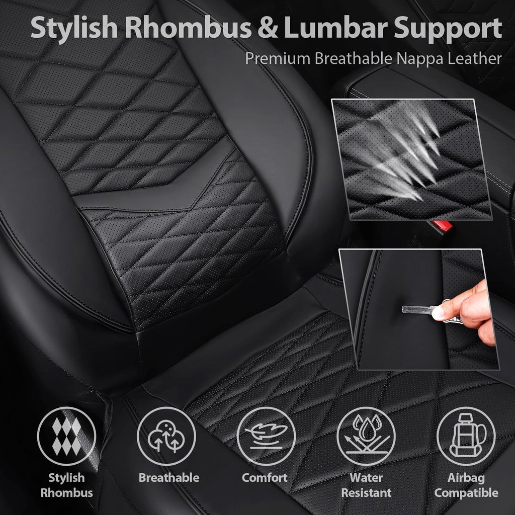 Water Resistant Faux Leather Seat Covers Full Set with Lumbar Support Solid Black O708