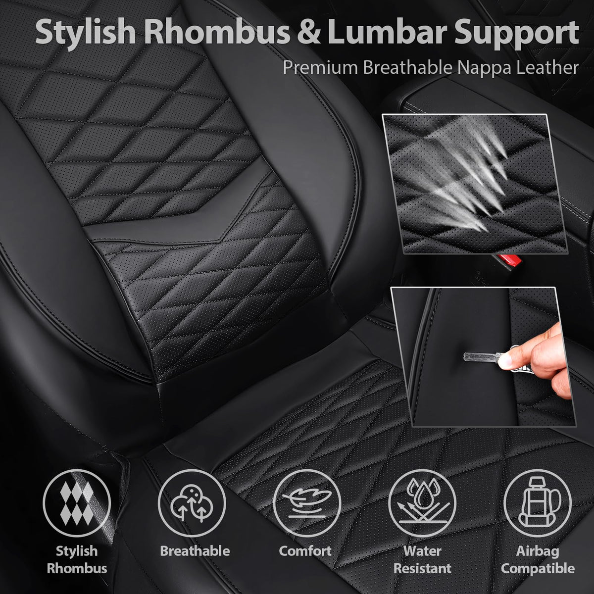 Water Resistant Faux Leather Seat Covers Full Set with Lumbar Support Solid Black O708