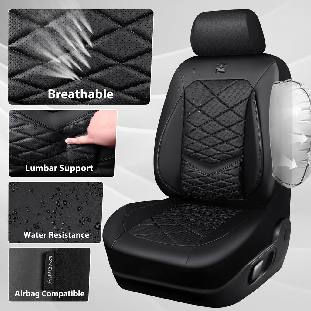 Water Resistant Faux Leather Seat Covers Full Set with Lumbar Support Solid Black O708