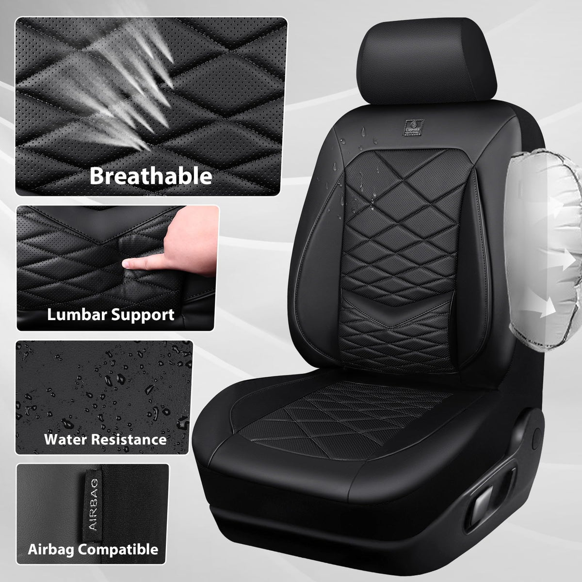 Water Resistant Faux Leather Seat Covers Full Set with Lumbar Support Solid Black O708