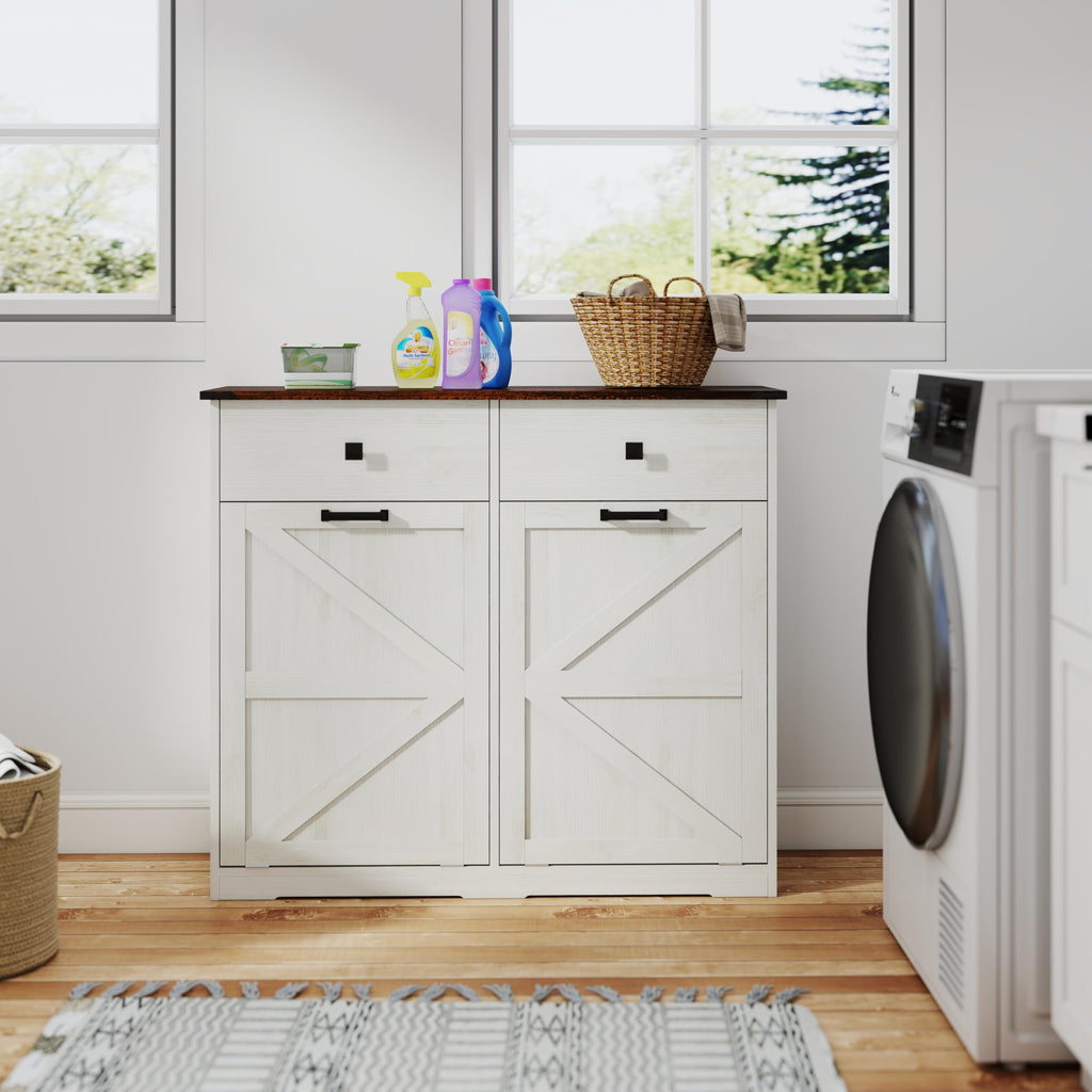 Antique White Laundry Hamper Cabinet with 2 Drawers K58281