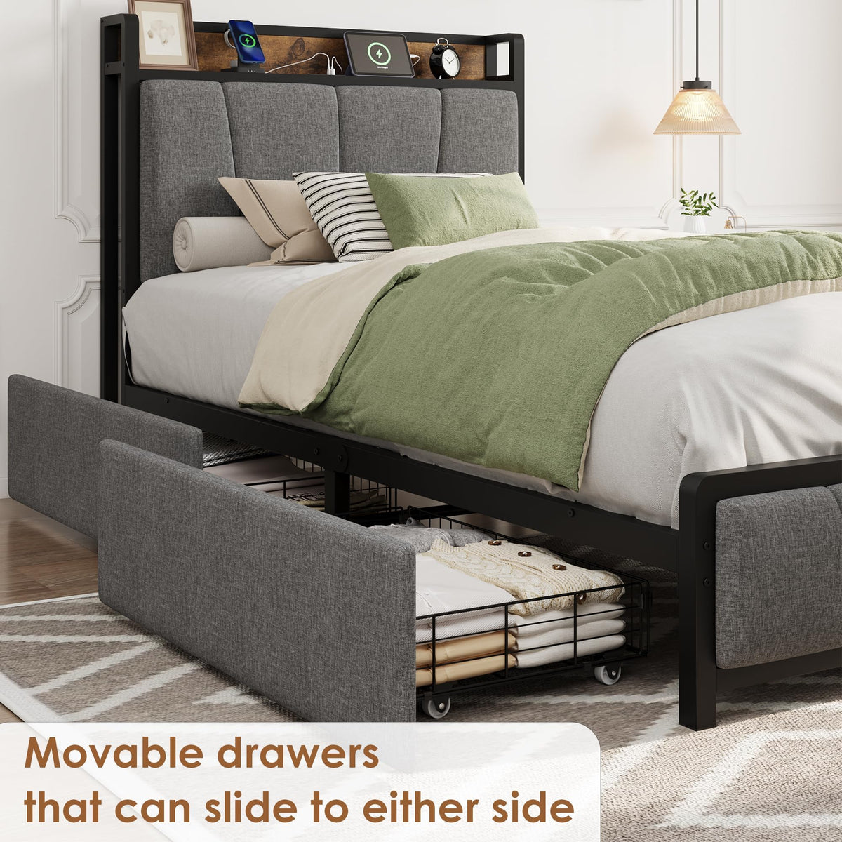 Gray Twin Size Bed Frame with 2 Drawers D65520