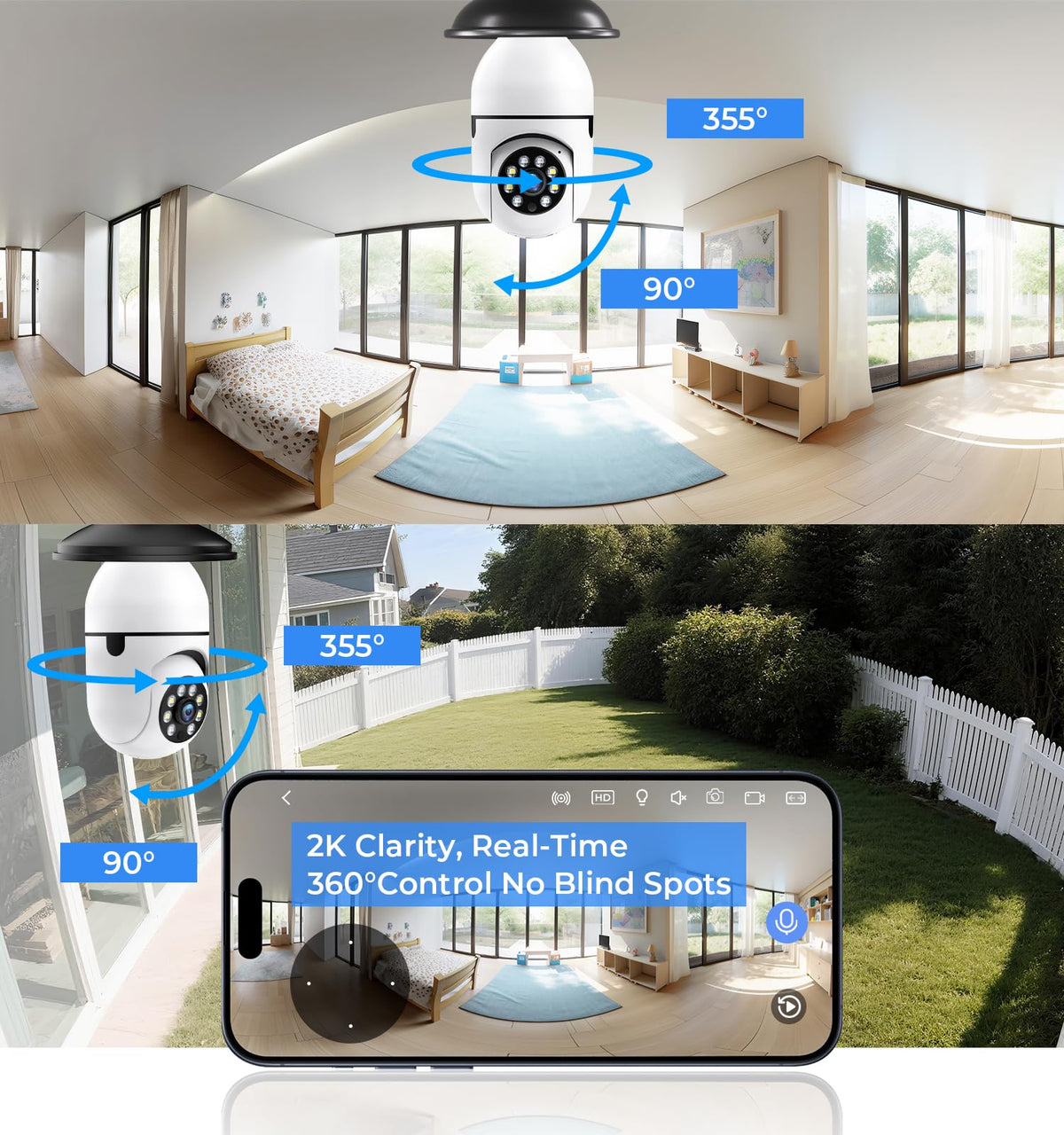 2K 5GHz & 2.4GHz WiFi Light Bulb Security Camera 360° PTZ C63448