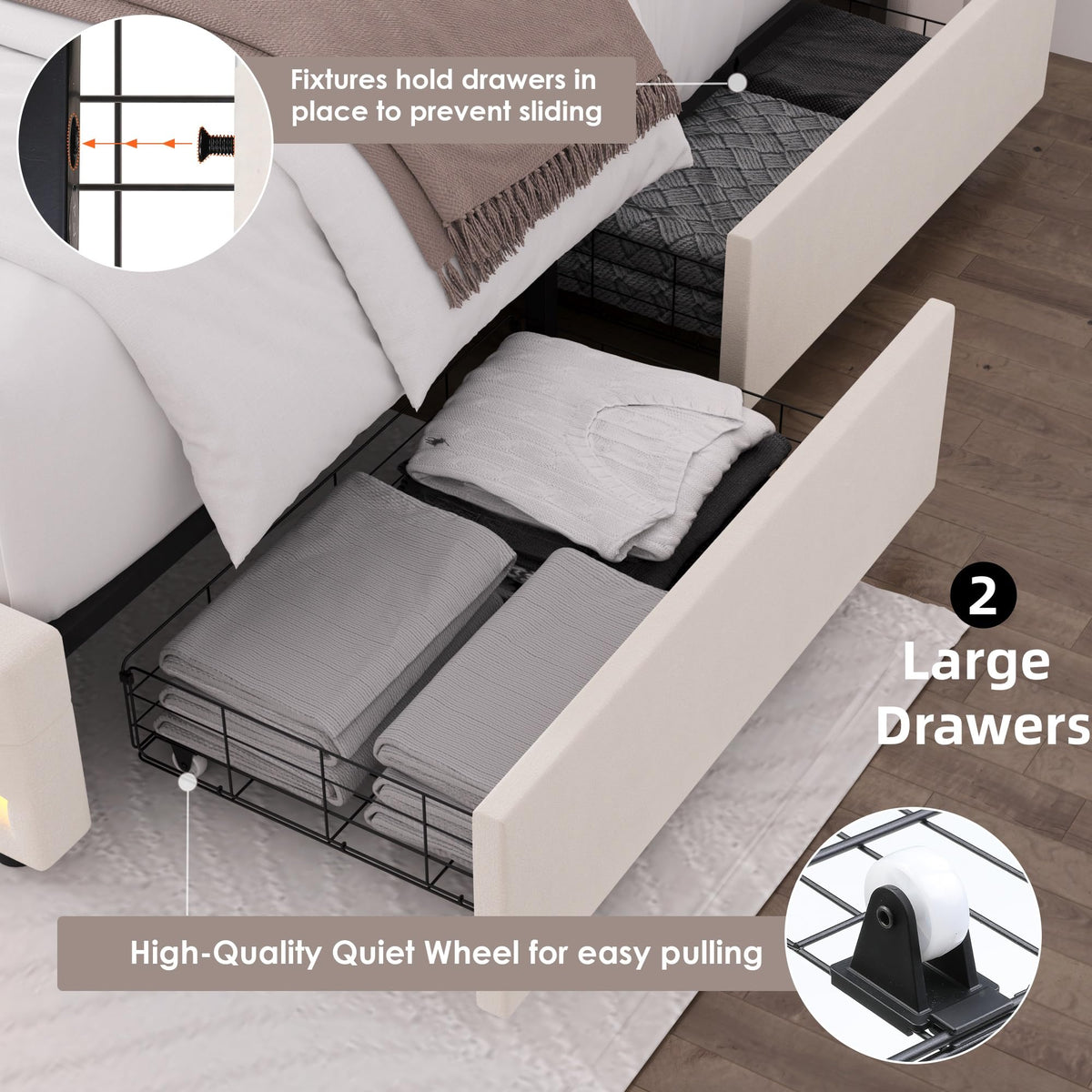 Beige Upholstered Full LED Bed Frame with Storage N979