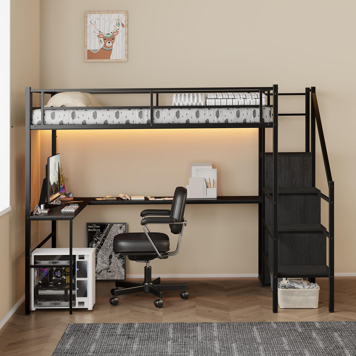 Full Size Metal Loft Bed with Desk & Storage Staircase D660102