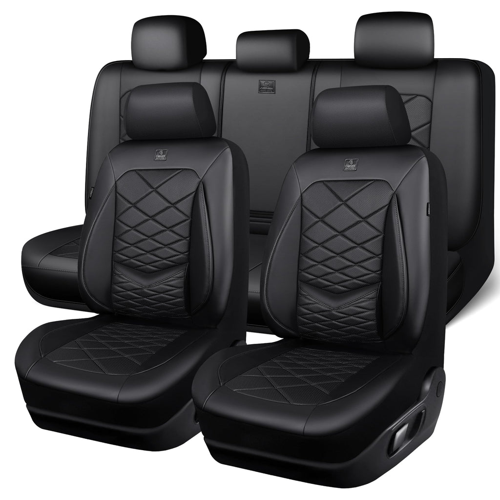 Water Resistant Faux Leather Seat Covers Full Set with Lumbar Support Solid Black O708
