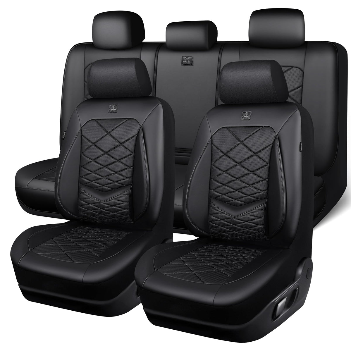 Water Resistant Faux Leather Seat Covers Full Set with Lumbar Support Solid Black O708