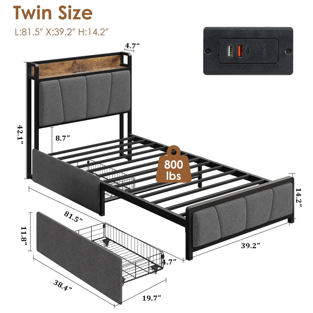 Gray Twin Size Bed Frame with 2 Drawers D65520