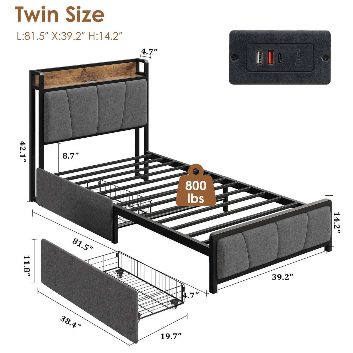 Gray Twin Size Bed Frame with 2 Drawers D65520