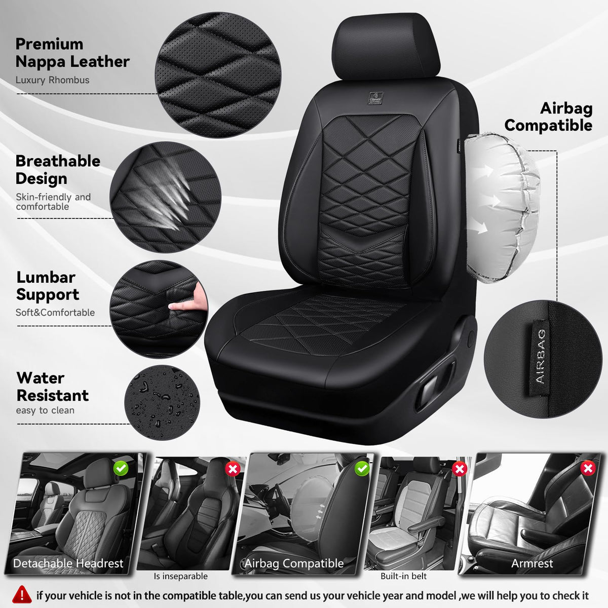 Water Resistant Faux Leather Seat Covers Full Set with Lumbar Support Solid Black O708