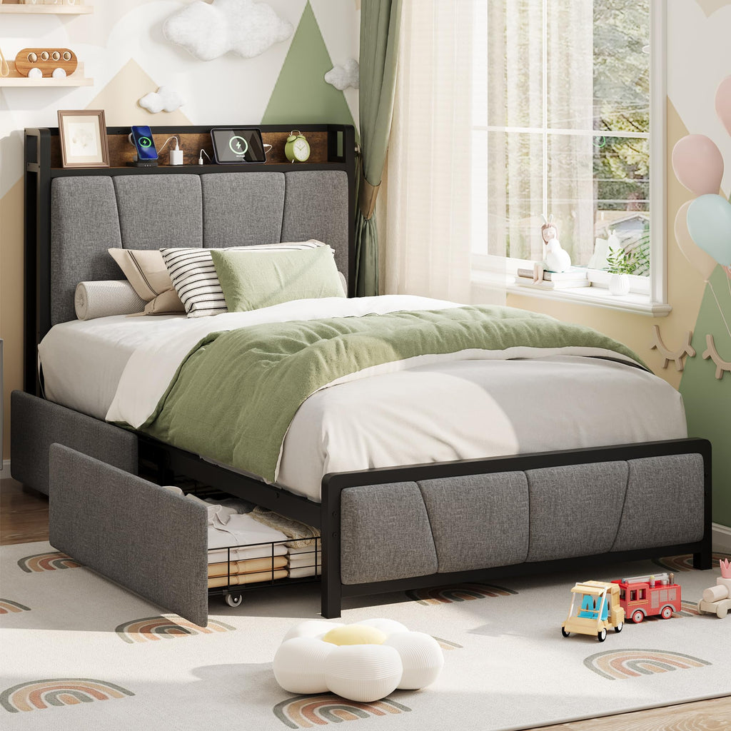 Gray Twin Size Bed Frame with 2 Drawers D65520