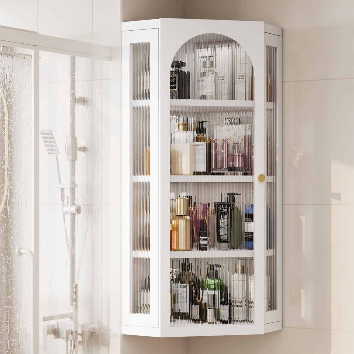 White Metal Corner Wall Cabinet with Glass Doors and Shelves Q68973