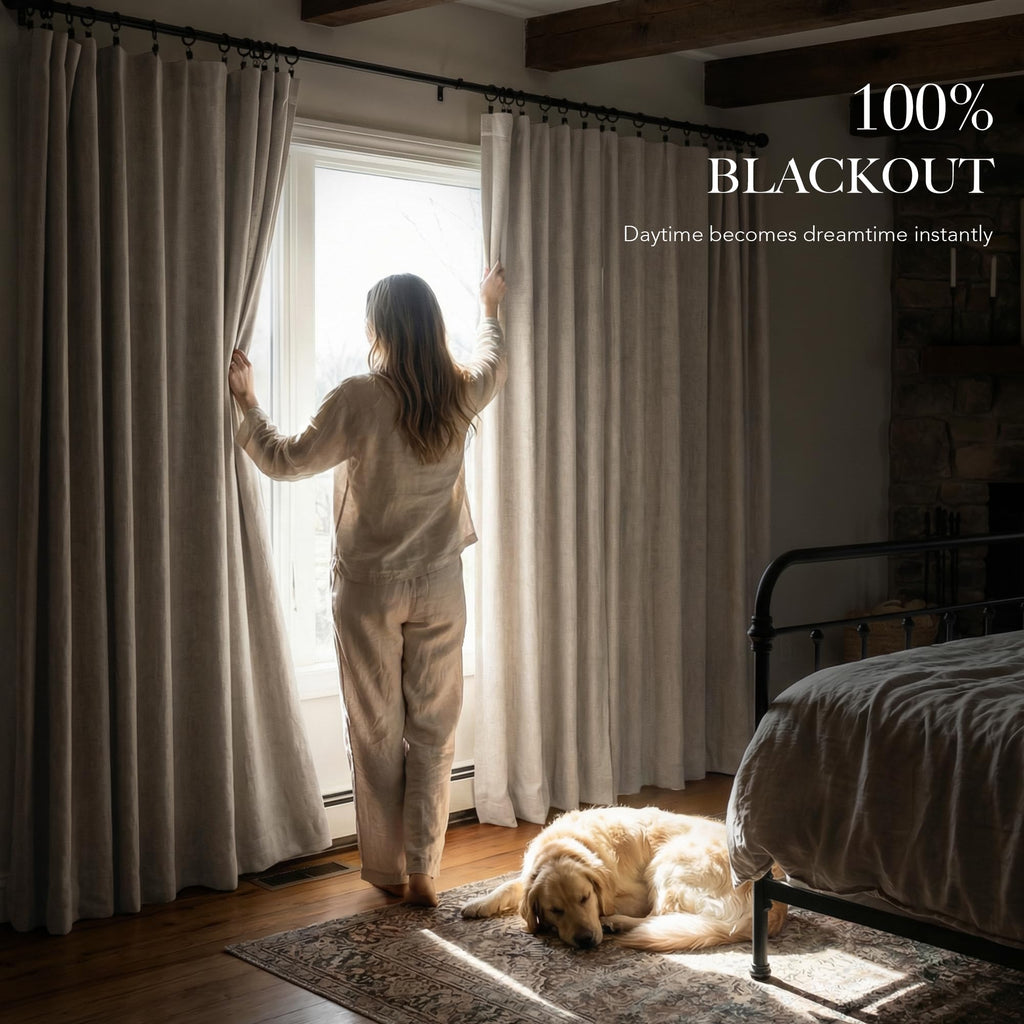 Natural Beige 100% Blackout Linen Curtains 96 Inch B680