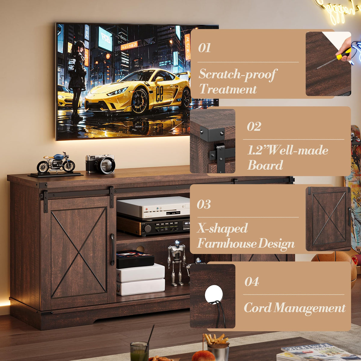 Farmhouse TV Stand with Sliding Barn Doors J793550