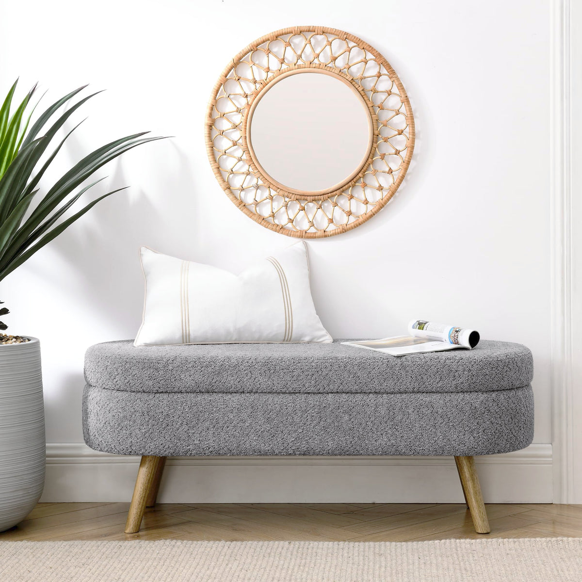 Oval Storage Bench with Rubber Wood Legs, Gray W840305