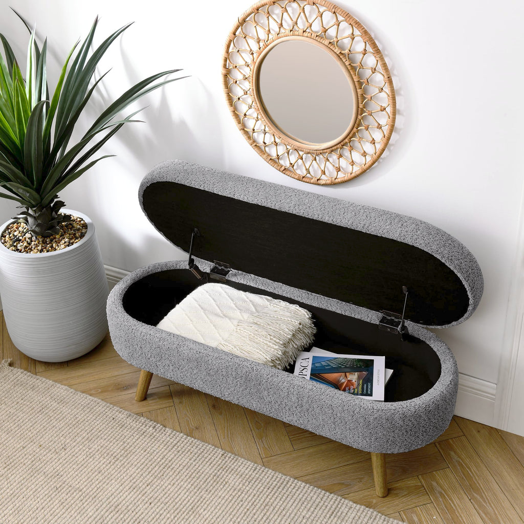Oval Storage Bench with Rubber Wood Legs, Gray W840305