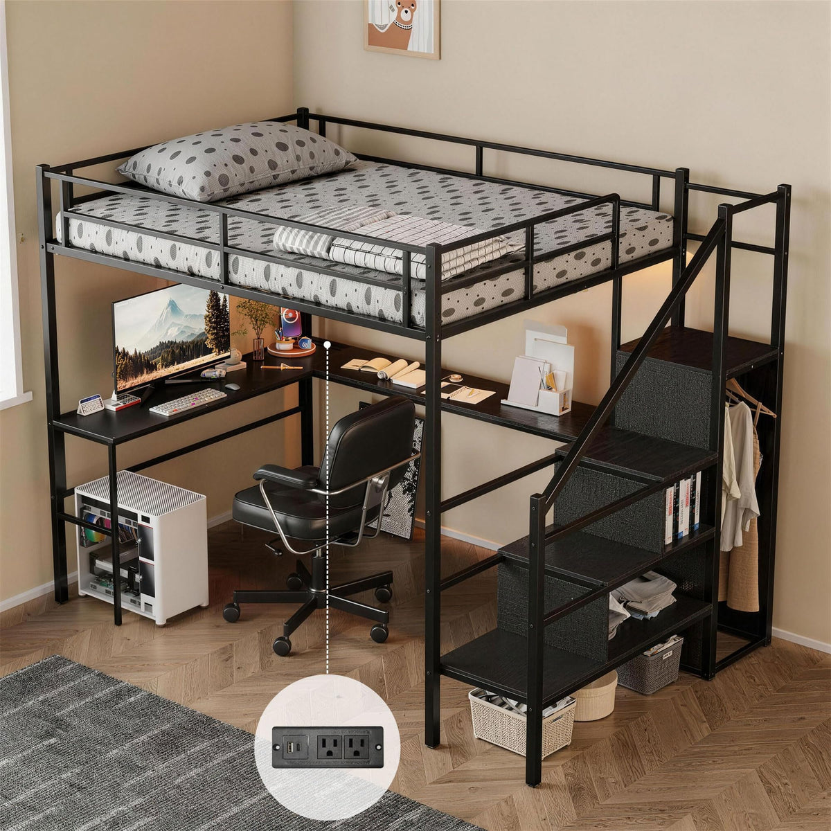 Full Size Metal Loft Bed with Desk & Storage Staircase D660102