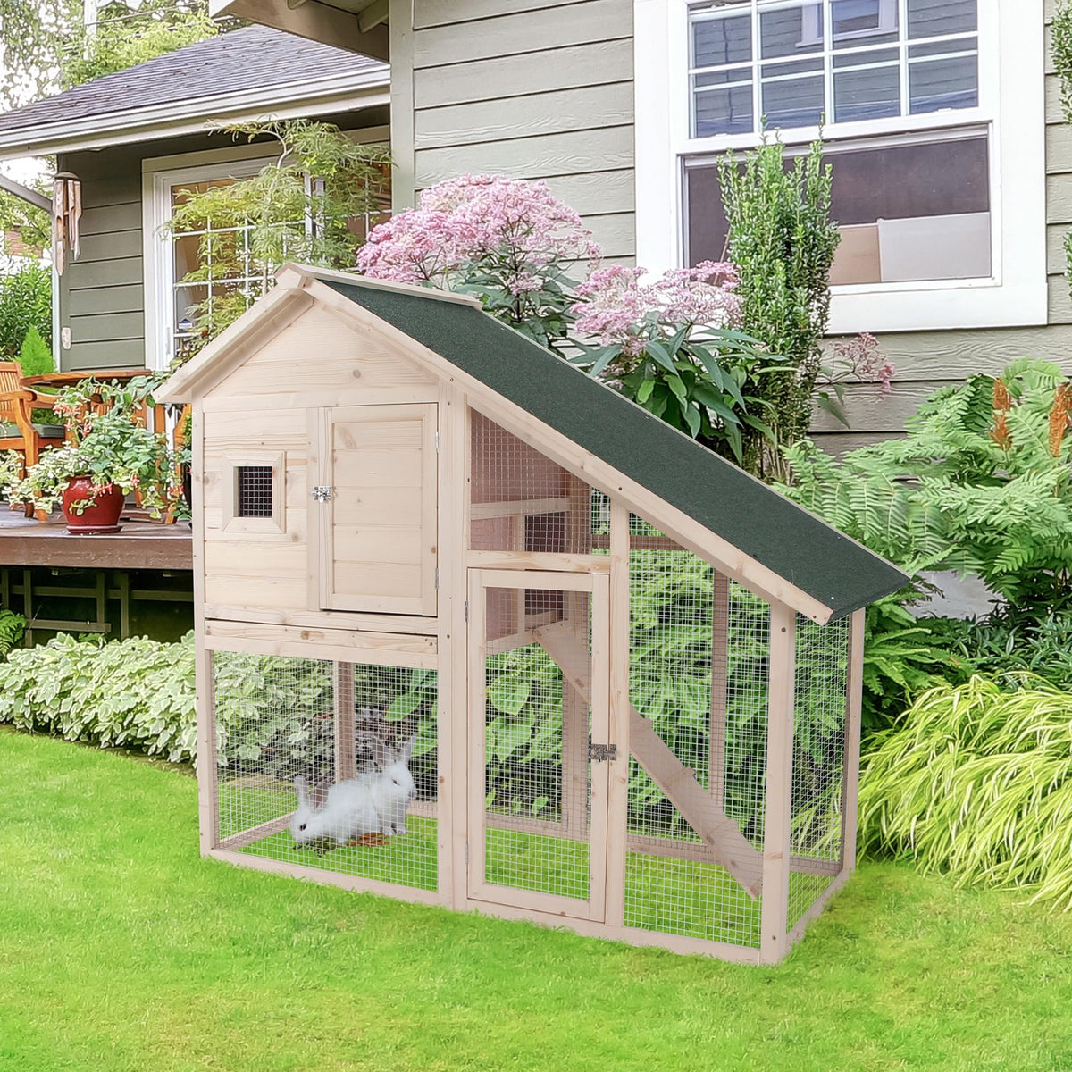 55" 2-Tier Wooden Rabbit Hutch with Ramp O792