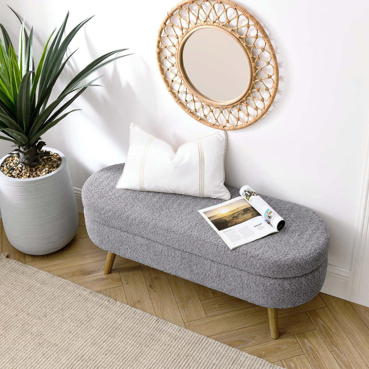 Oval Storage Bench with Rubber Wood Legs, Gray W840305